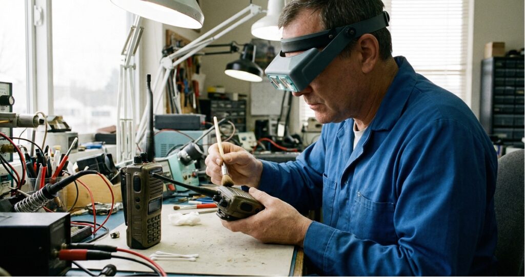 Technician maintaining walkie talkie equipment in Malaysia