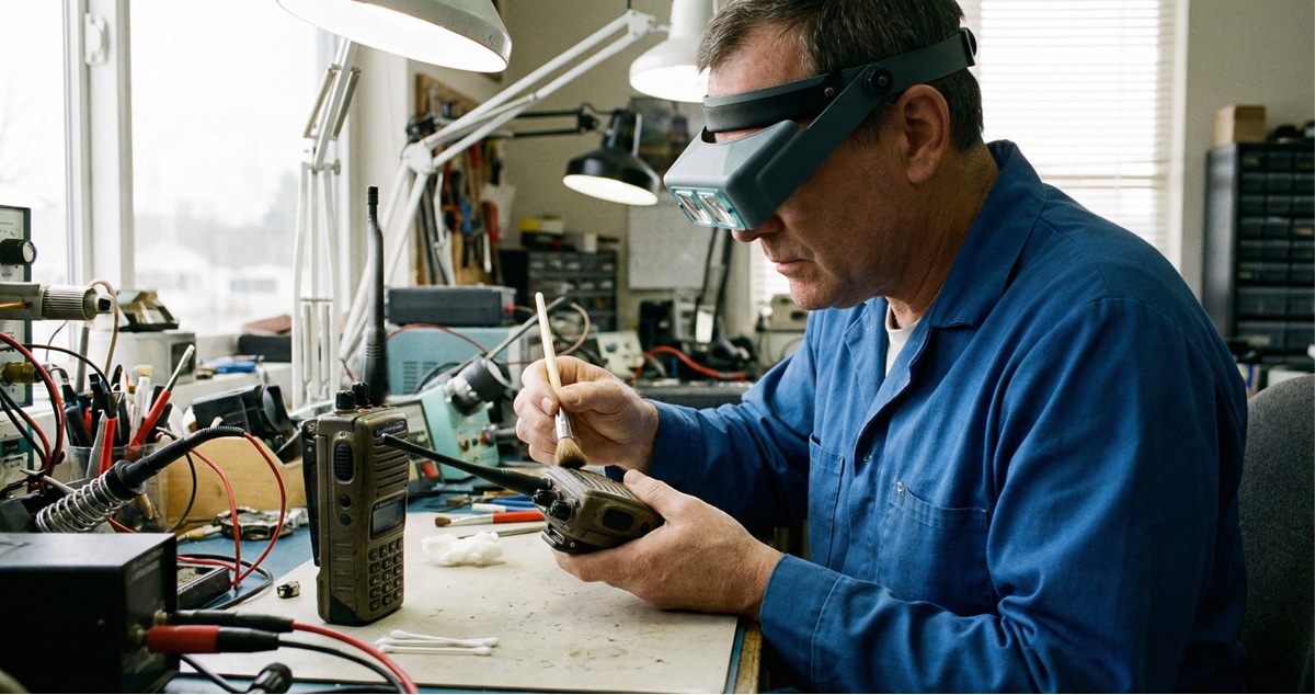 Technician maintaining walkie talkie equipment in Malaysia