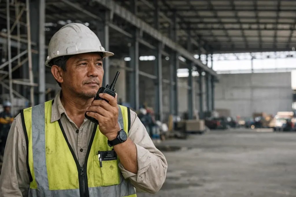 Construction worker using a walkie talkie inside a warehouse in Malaysia