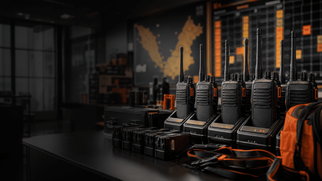 Walkie talkie battery life planning hero image with radios in charging docks for Malaysia operations teams
