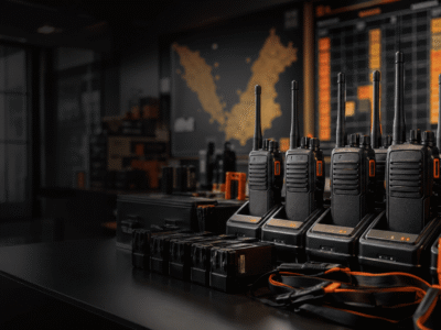 Walkie talkie battery life planning hero image with radios in charging docks for Malaysia operations teams