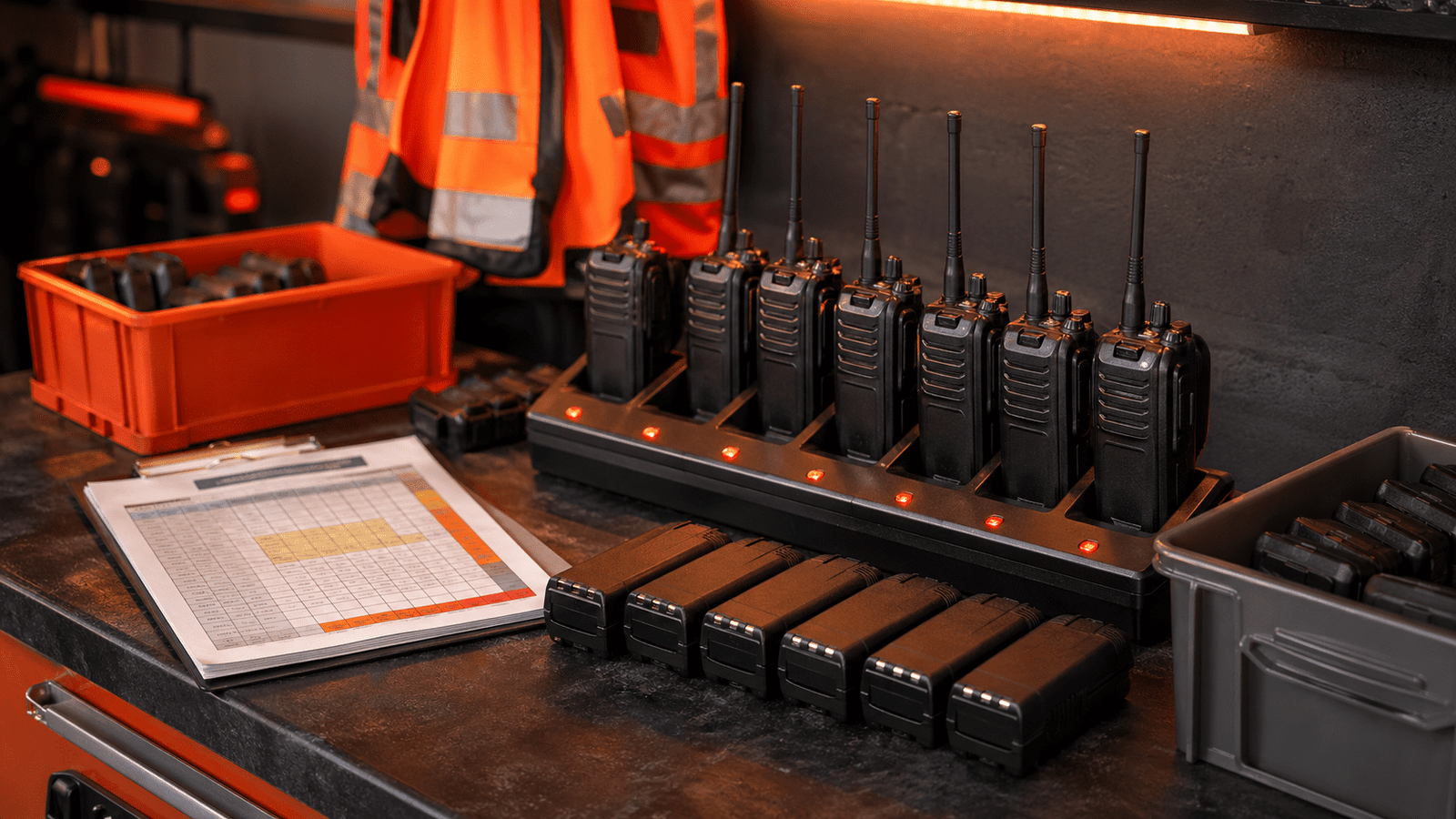 Walkie talkie battery rotation charging station with spare batteries for shift planning