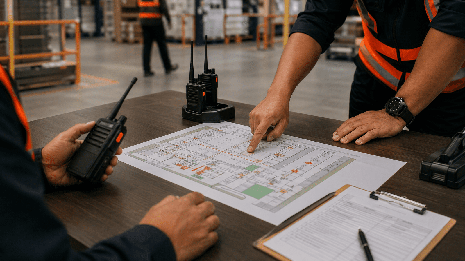 Walkie talkie lone worker emergency response map and supervisor planning station