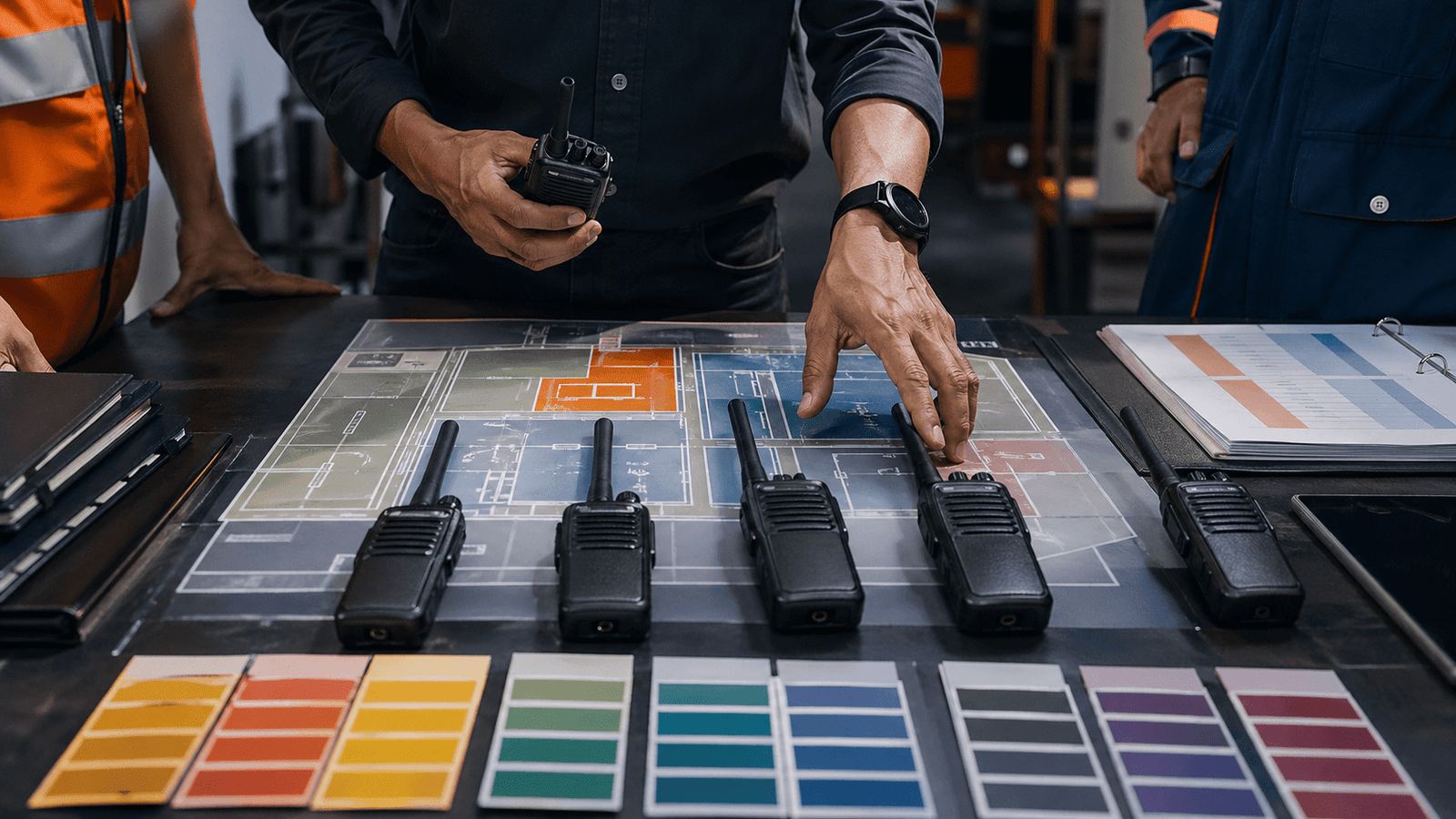 Walkie talkies arranged on a zone planning table for channel assignment in Malaysia