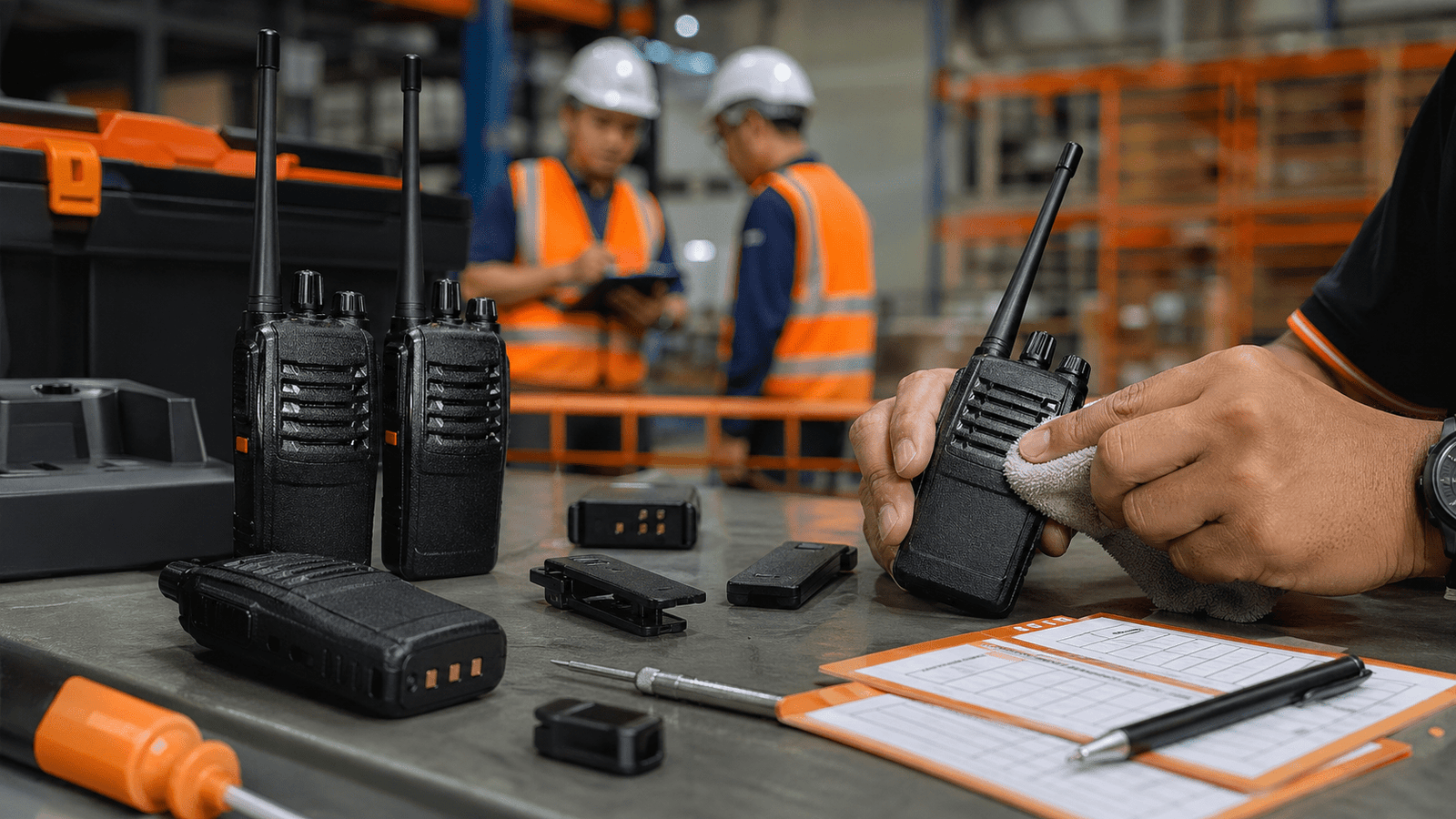 Walkie talkie inspection bench showing radio cleaning charging contact check and maintenance record