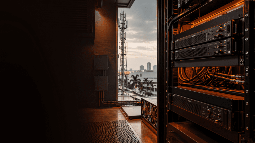 Walkie talkie repeater infrastructure hero image with rack equipment and antenna mast for Malaysia site coverage planning
