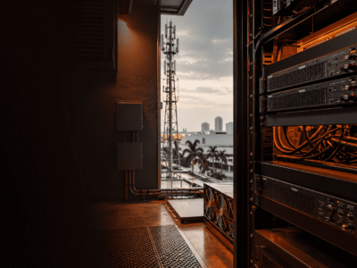 Walkie talkie repeater infrastructure hero image with rack equipment and antenna mast for Malaysia site coverage planning