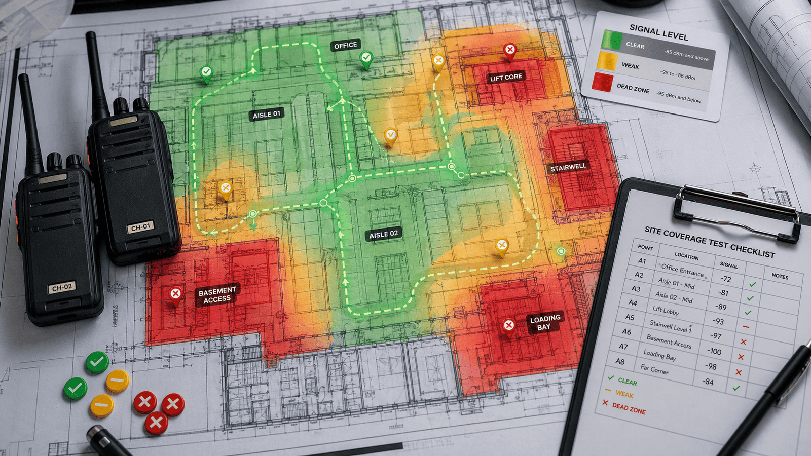 Walkie talkie site coverage test checklist with signal heatmap and dead-zone markers on a floor plan