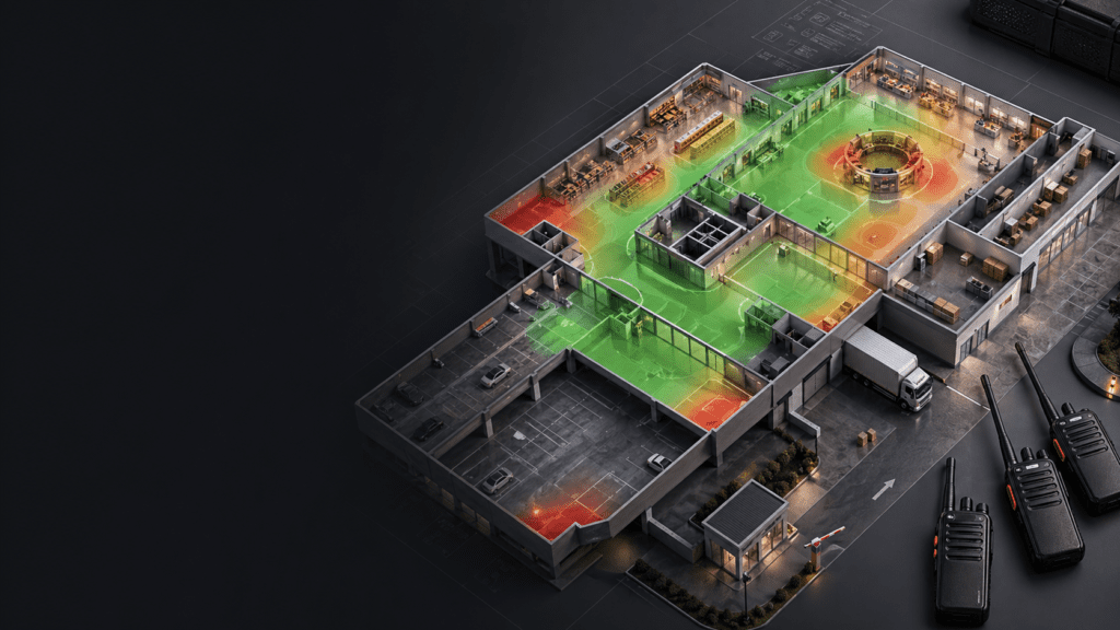 Walkie talkie site coverage heatmap showing clear weak and dead-zone areas on a Malaysian facility plan