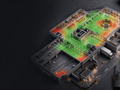 Walkie talkie site coverage heatmap showing clear weak and dead-zone areas on a Malaysian facility plan