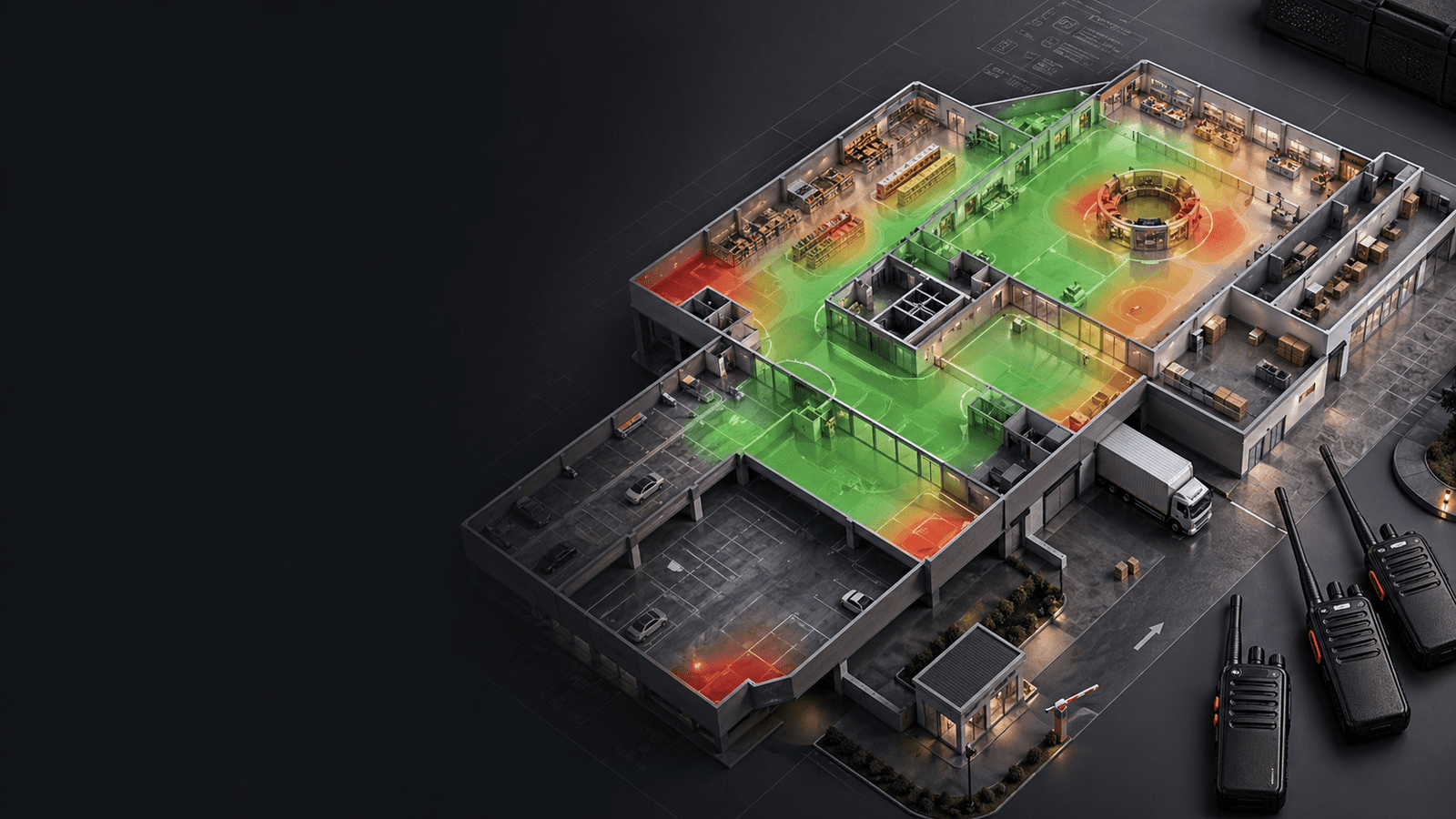 Walkie talkie site coverage heatmap showing clear weak and dead-zone areas on a Malaysian facility plan