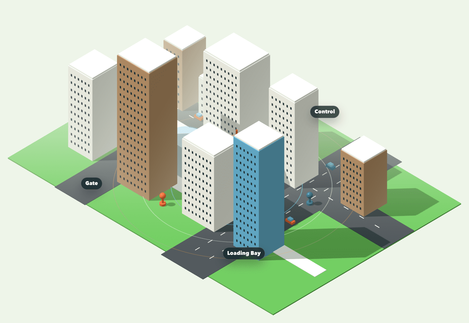 3D city coverage model showing radio tower signal range and task zones for walkie talkie planning