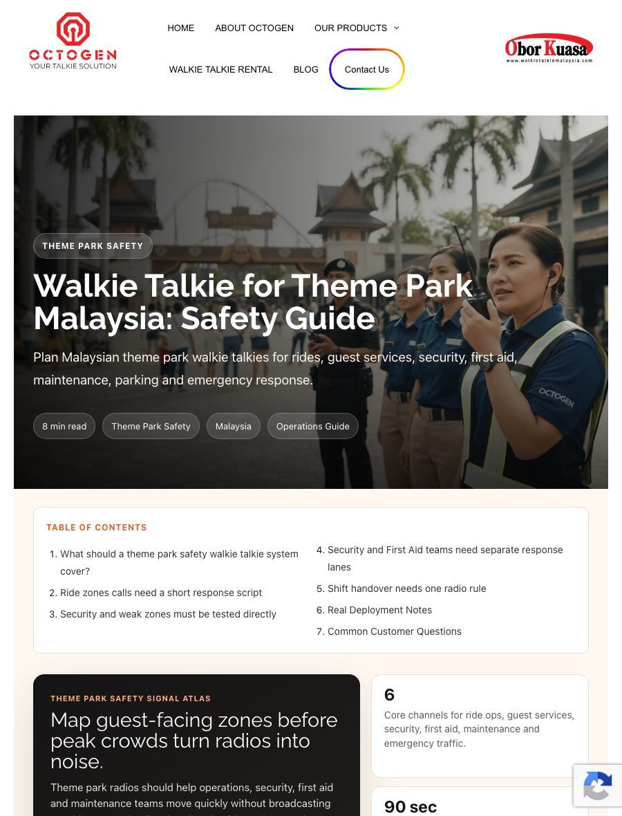 Mini webpage screenshot of Octogen blog: Walkie Talkie for Theme Park Malaysia: Safety Guide