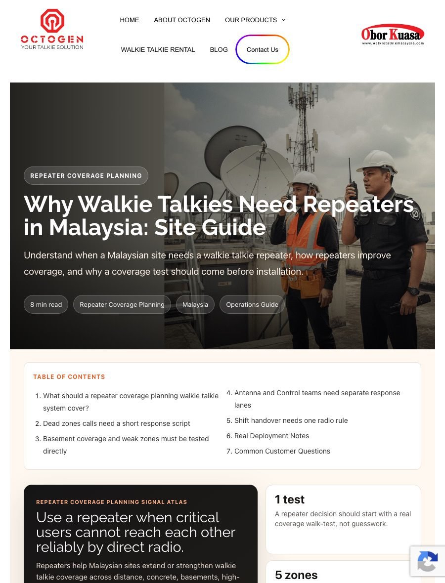 Mini webpage screenshot of Octogen blog: Why Walkie Talkies Need Repeaters in Malaysia: Site Guide