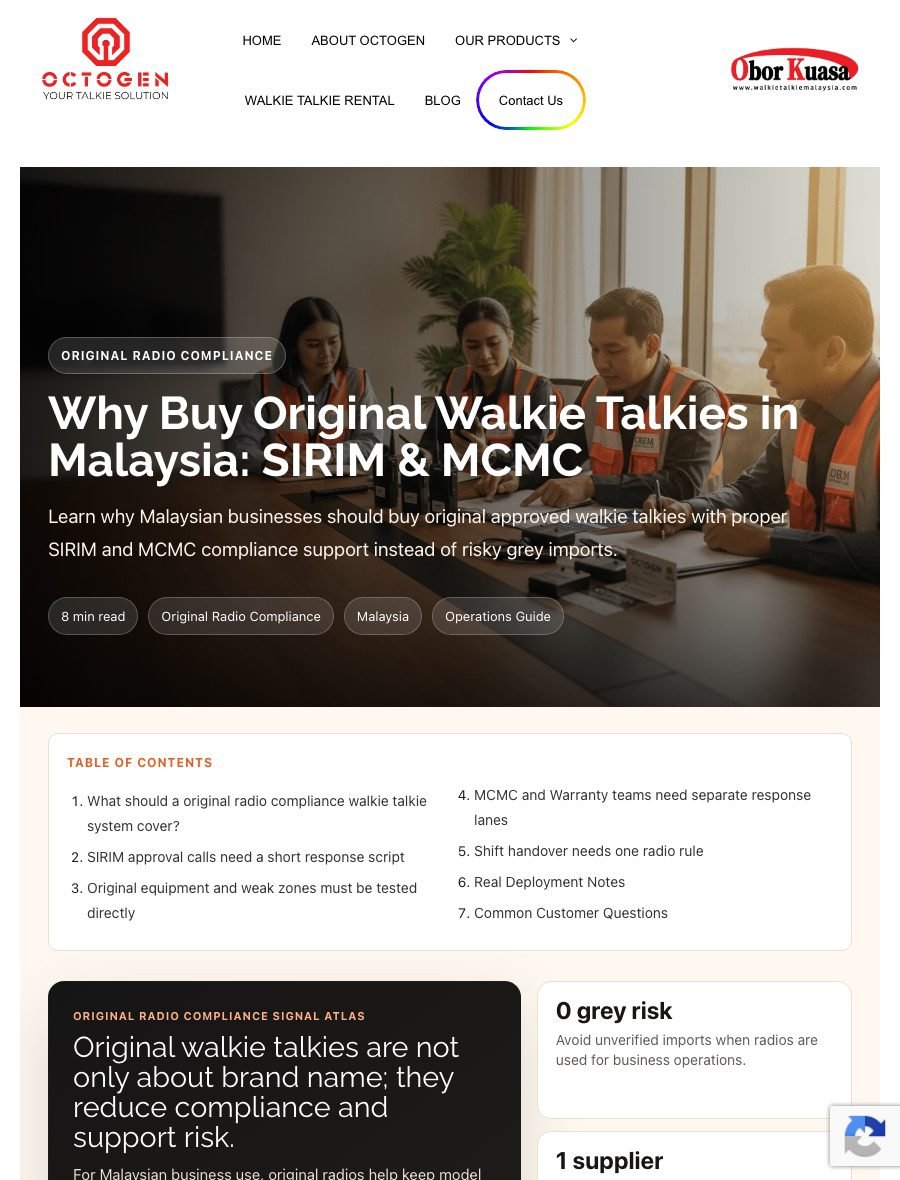 Mini webpage screenshot of Octogen blog: Why Buy Original Walkie Talkies in Malaysia: SIRIM & MCMC