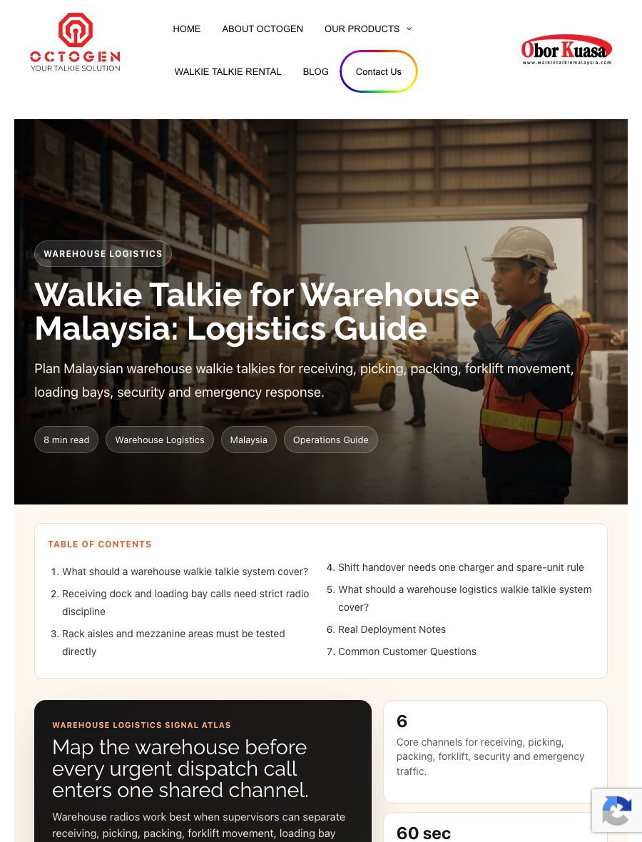 Mini webpage screenshot of Octogen blog: Walkie Talkie for Warehouse Malaysia: Logistics Guide