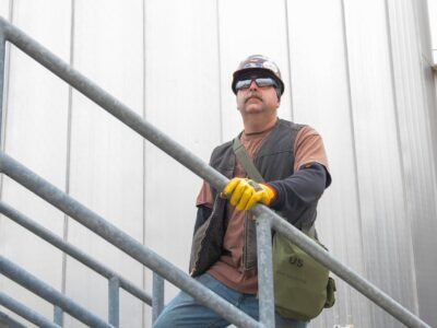Industrial hazardous-site worker near storage tanks, used as context for intrinsically safe walkie talkie planning.
