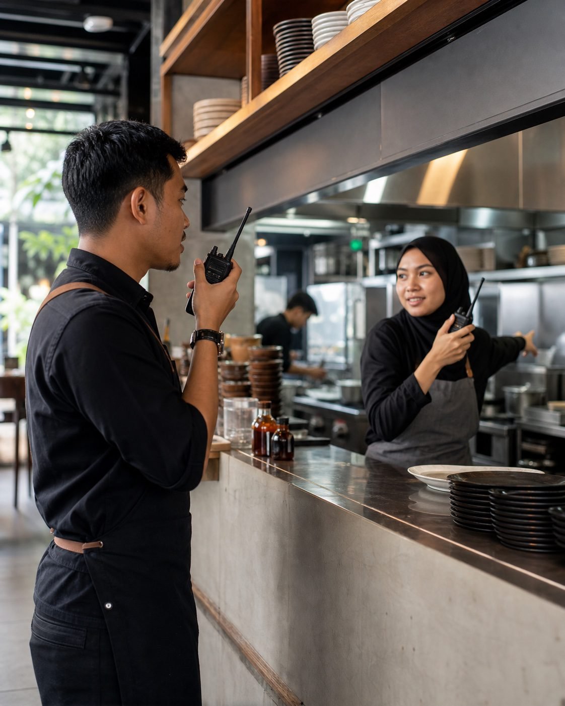 Generated cafe and kitchen team using walkie-talkies