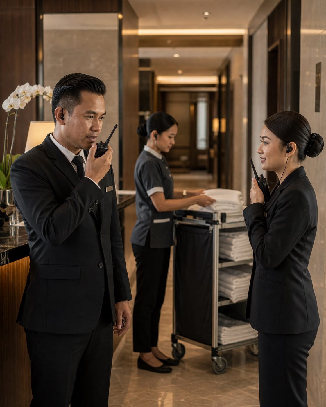 Generated hotel hospitality team using discreet walkie-talkies