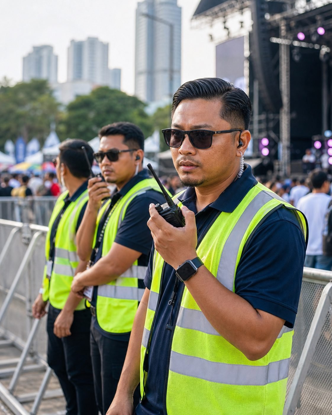 Generated outdoor event crew using walkie-talkies near a stage