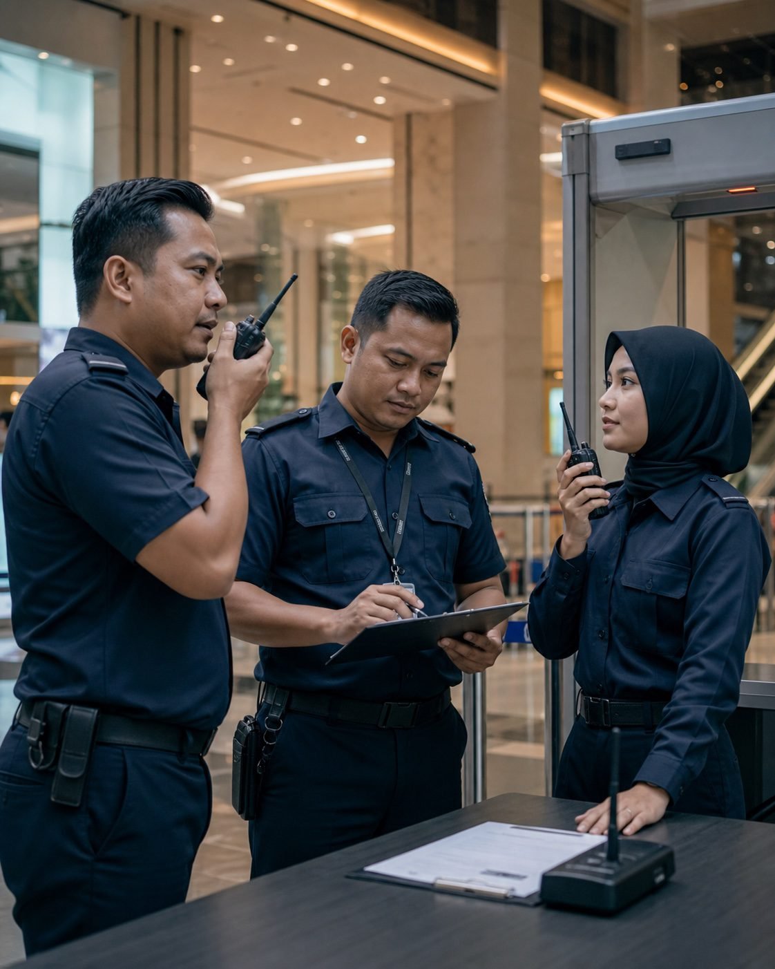 Generated security team coordinating patrols with walkie-talkies