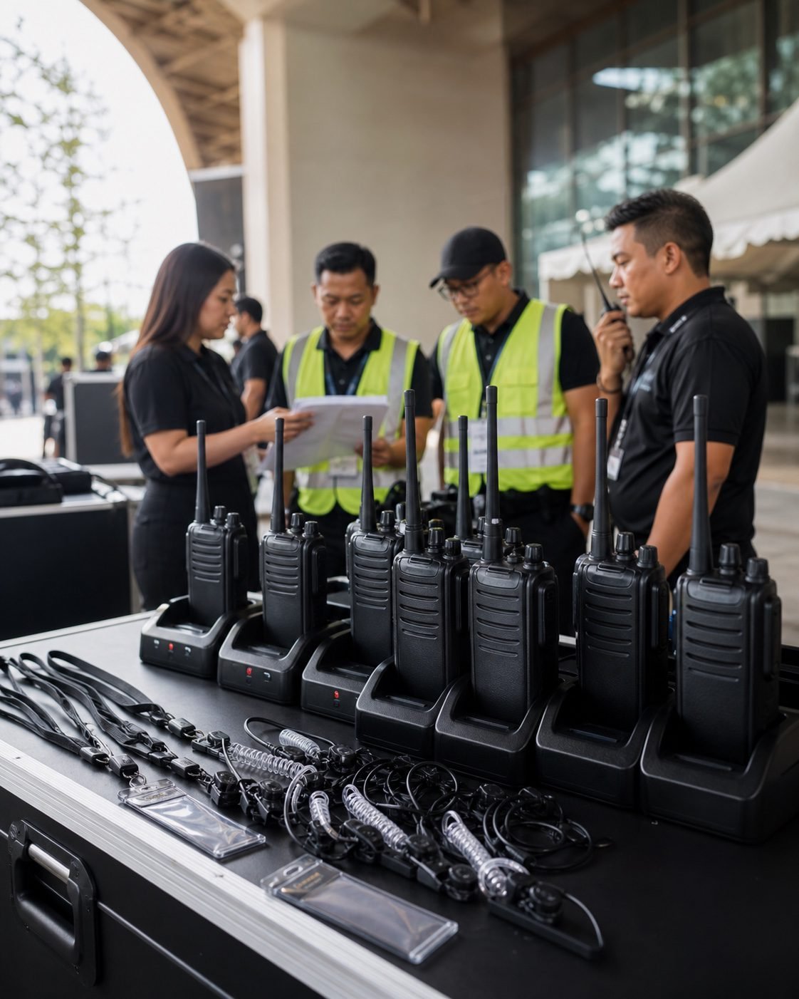 Generated handheld walkie-talkie rental kit with charging docks and accessories