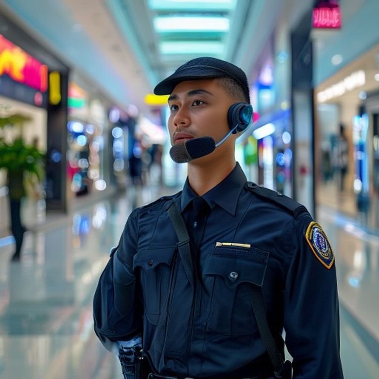 Malaysian retail security guards using walkie talkies with earpieces during mall patrol shift