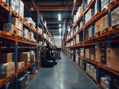 Walkie talkie in Malaysian warehouse logistics environment with inventory shelving and operations equipment