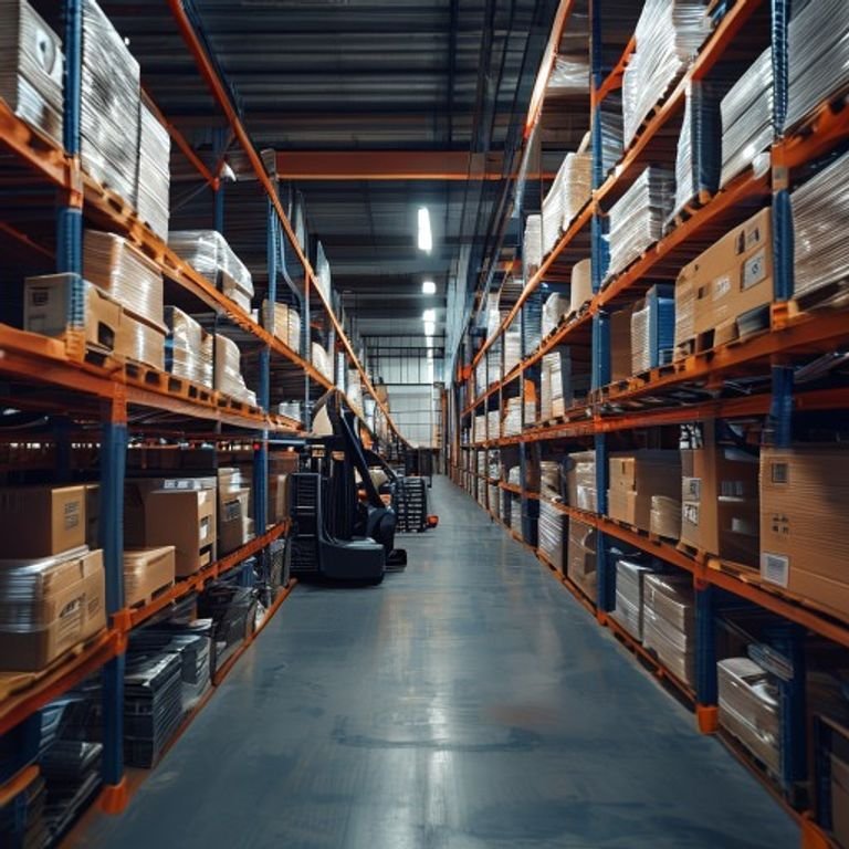 Walkie talkie in Malaysian warehouse logistics environment with inventory shelving and operations equipment