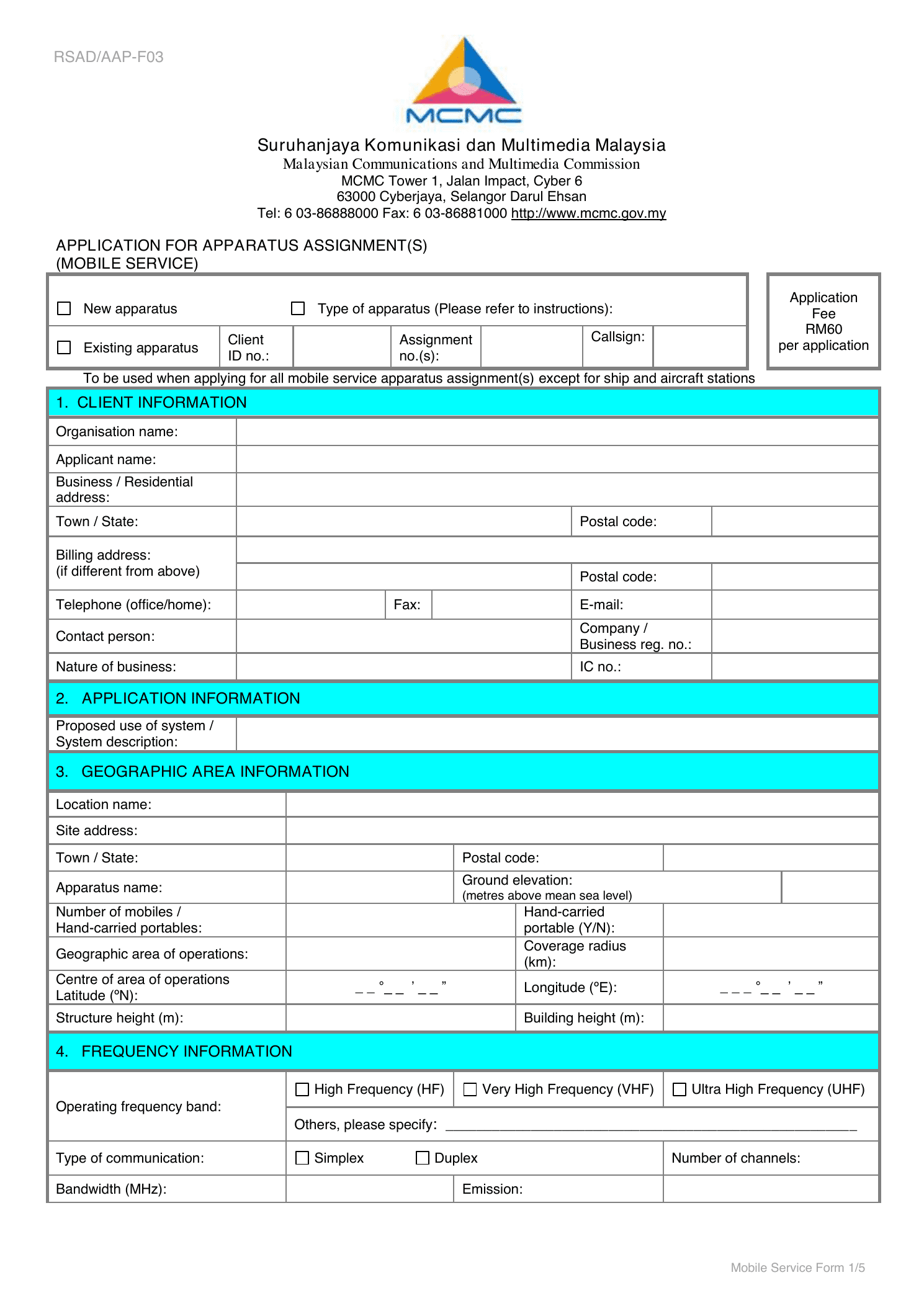 MCMC mobile service apparatus assignment form with official MCMC letterhead