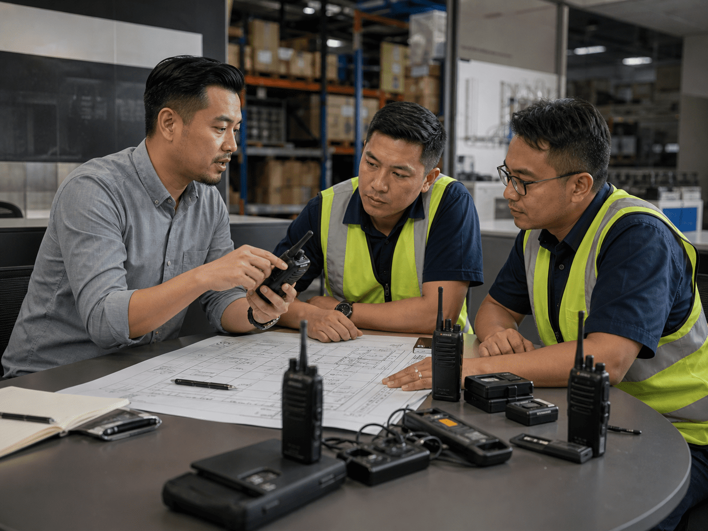 Radio consultation briefing with walkie talkies and site planning