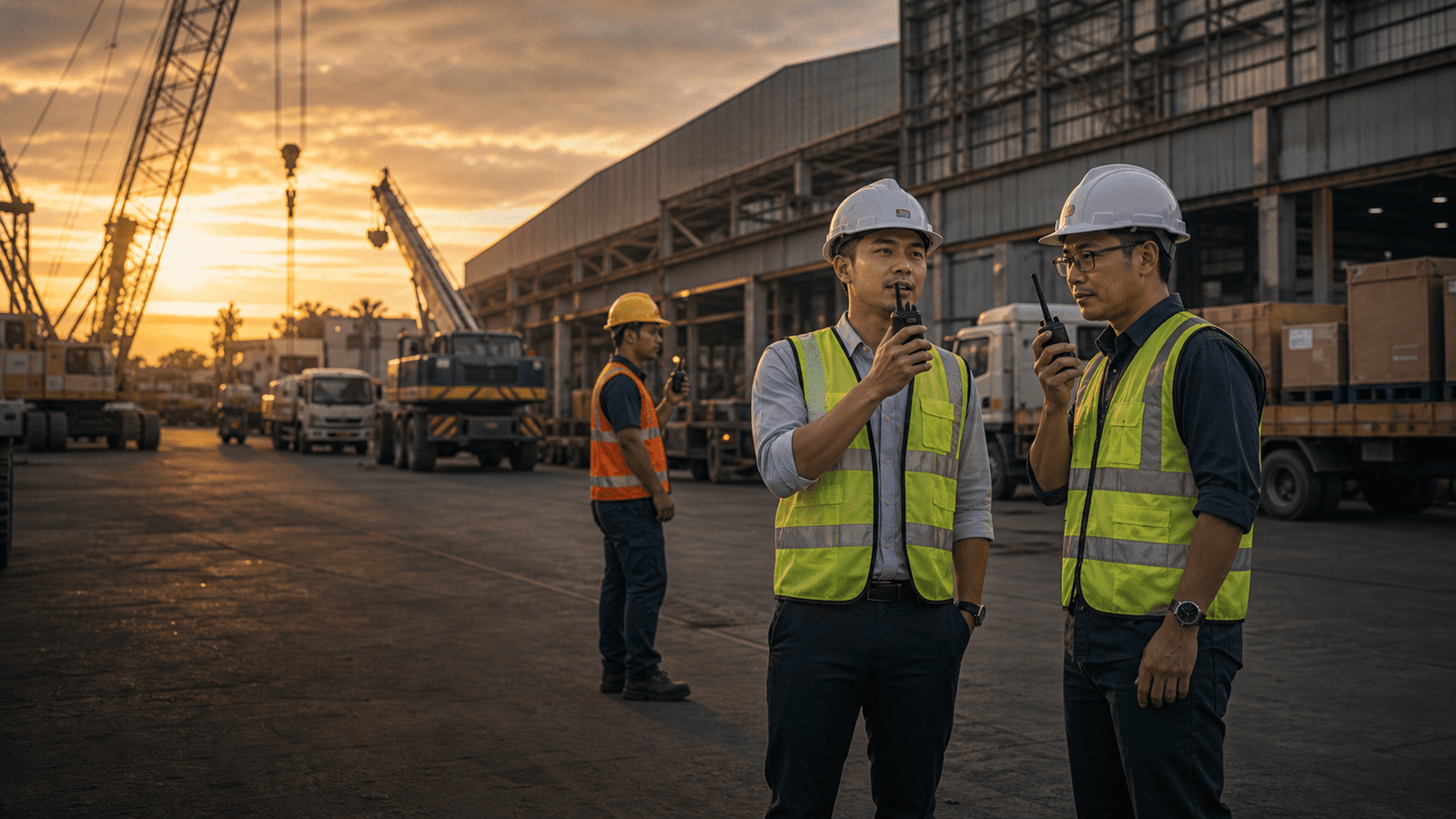 Grand Malaysian industrial operation scene with supervisors using walkie talkies