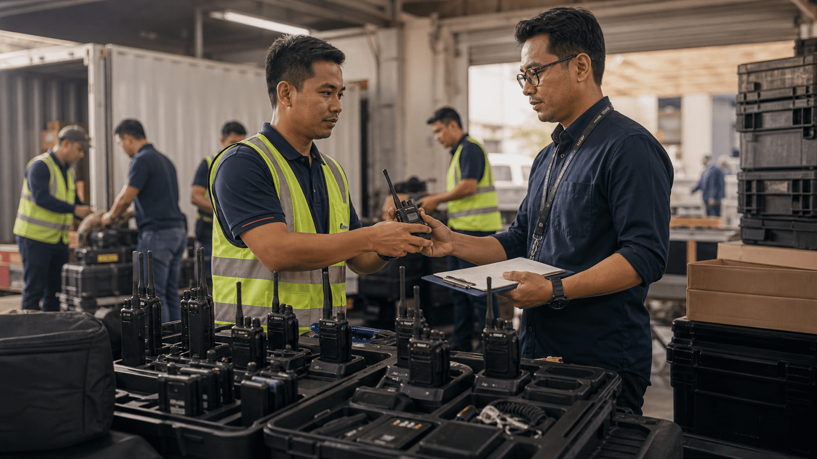 Configured walkie talkies prepared for operations team