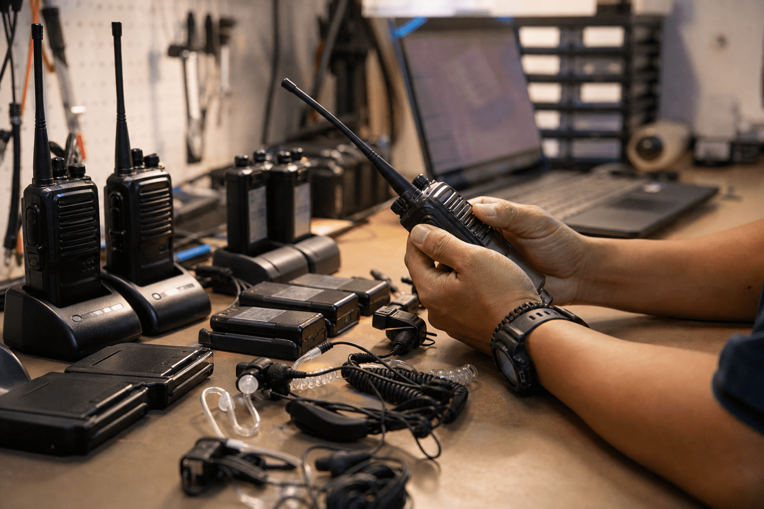 Two way radio programming and service bench with chargers and accessories