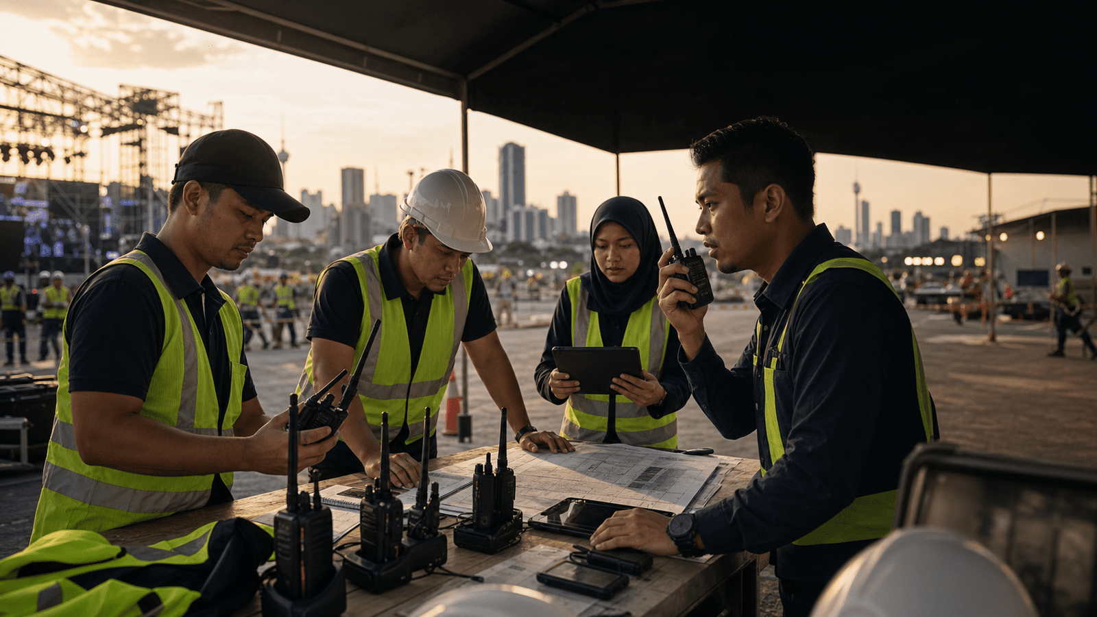 Photoreal Octogen blog hero showing Malaysian field teams coordinating walkie talkie coverage at a live site