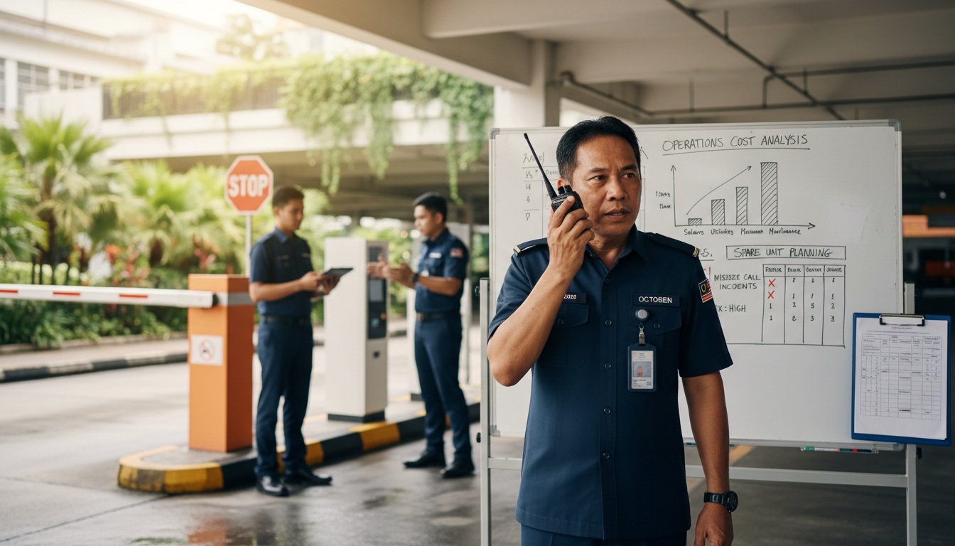 Basement carpark security patrol at a Malaysian shopping mall with MOTOTRBO walkie talkies maintaining full radio coverage on UHF licensed frequencies