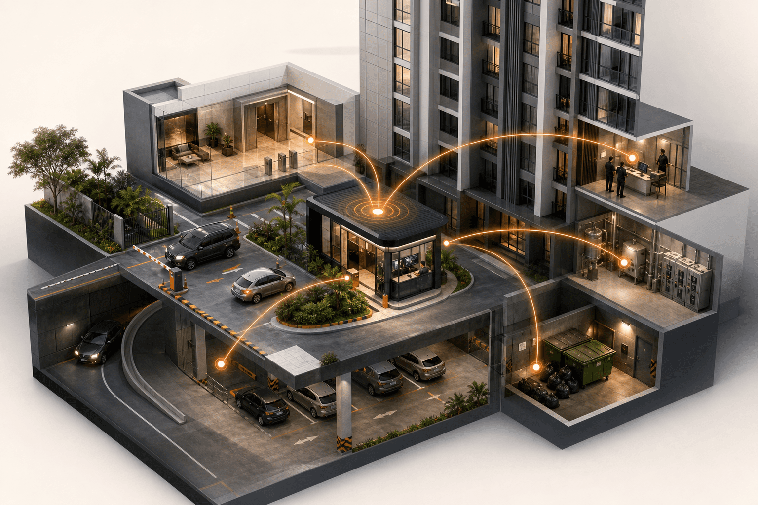 Generated condo site signal atlas showing guardhouse radio coverage zones