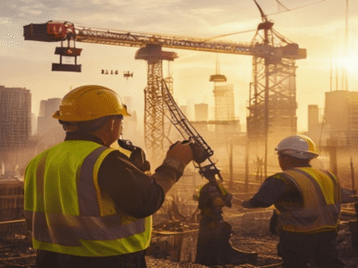 Malaysian construction site supervisor coordinating crane lift with rugged walkie talkie