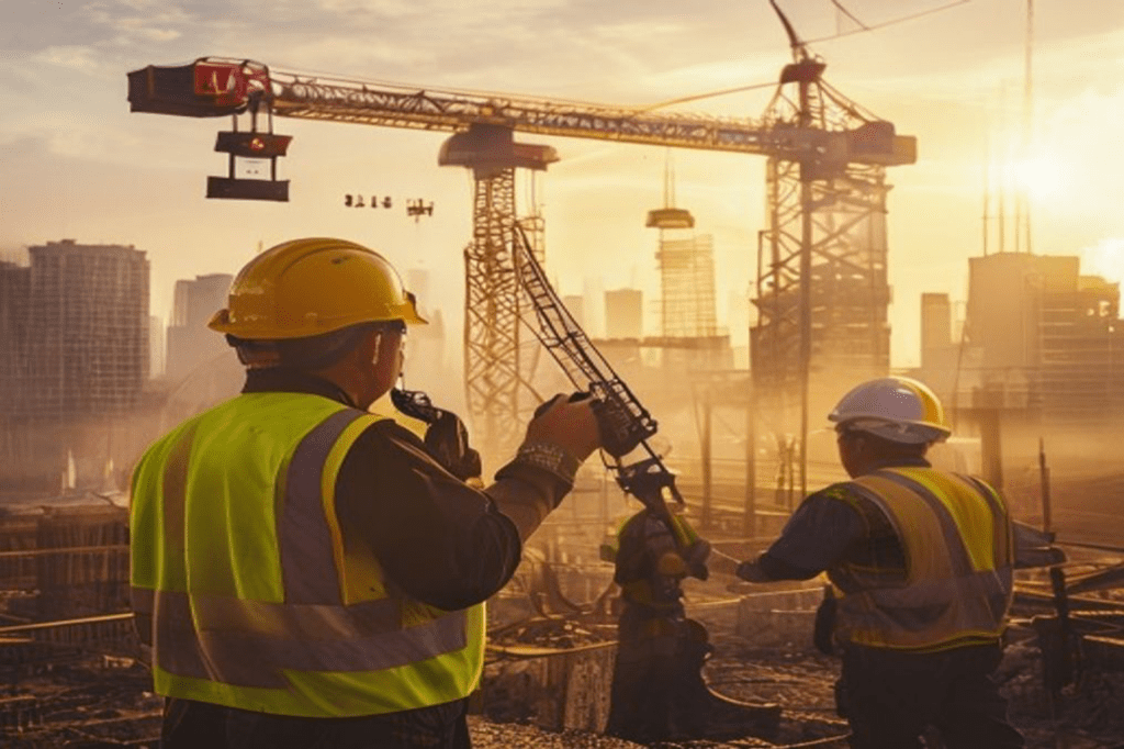 Malaysian construction site supervisor coordinating crane lift with rugged walkie talkie