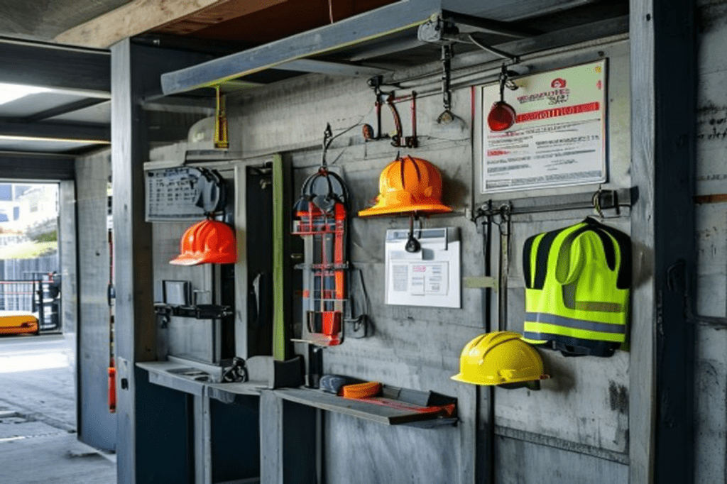 Construction site safety station with walkie talkie channel plan and charging dock