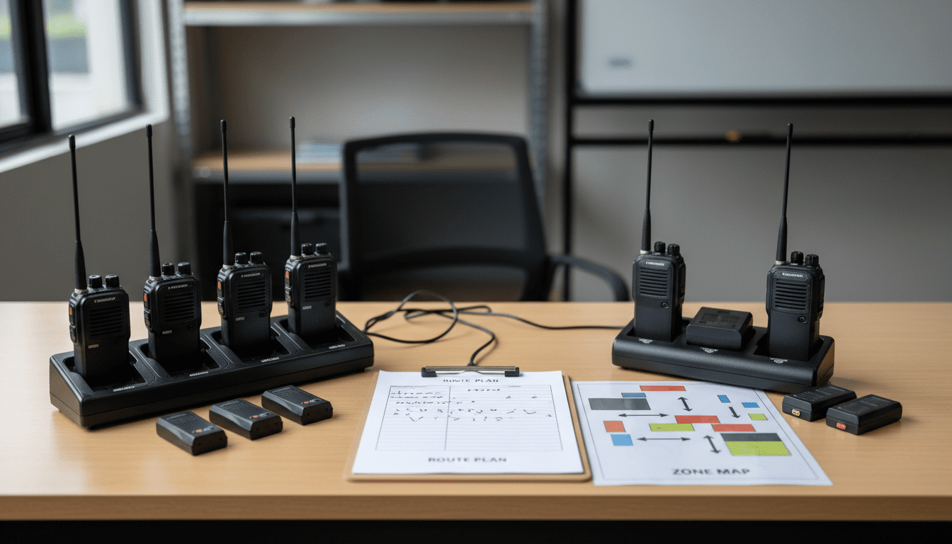 Analog and digital radio decision desk with chargers batteries and site map