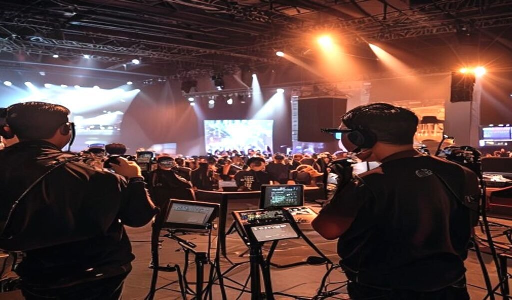 Malaysian event production crew coordinating backstage with discreet earpiece walkie talkies