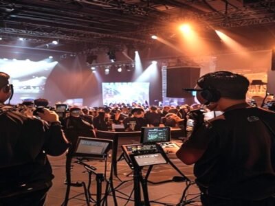 Malaysian event production crew coordinating backstage with discreet earpiece walkie talkies