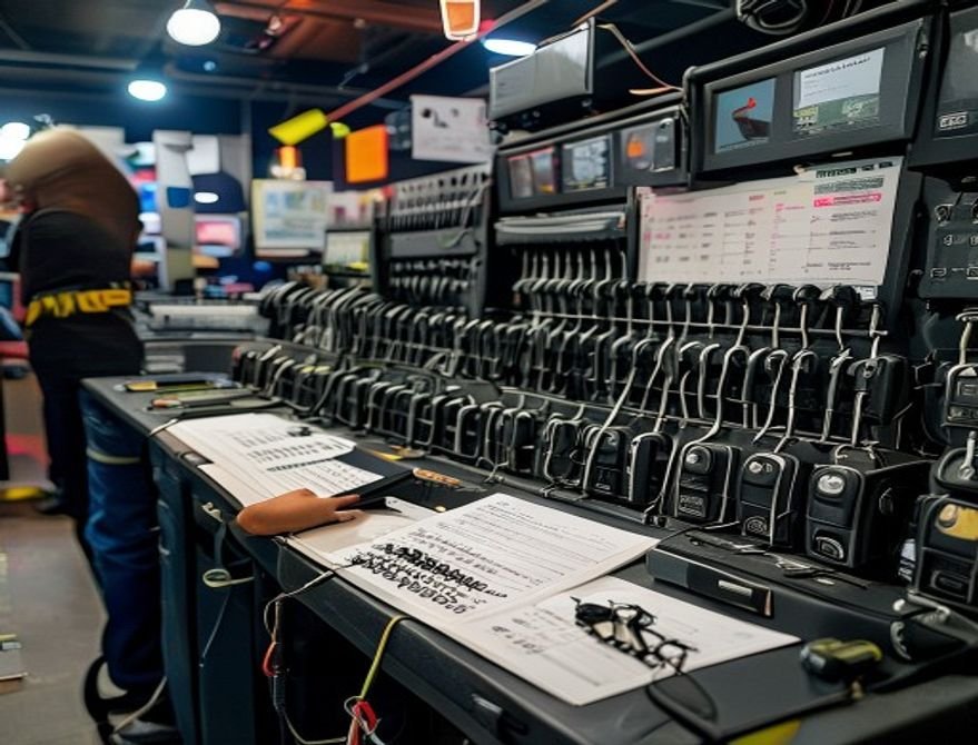 Event production control station with walkie talkie channel plan and charging rack