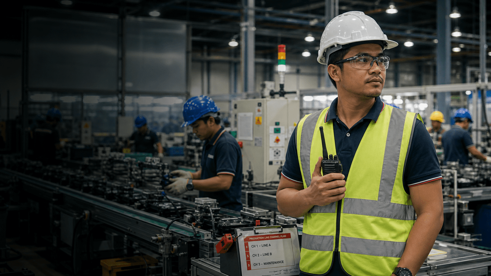 Factory supervisor in Malaysia holding a walkie talkie beside a production line