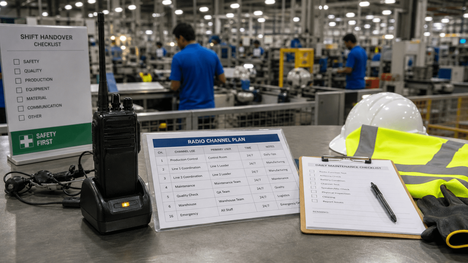 Factory shift handover desk with walkie talkie channel plan and maintenance checklist