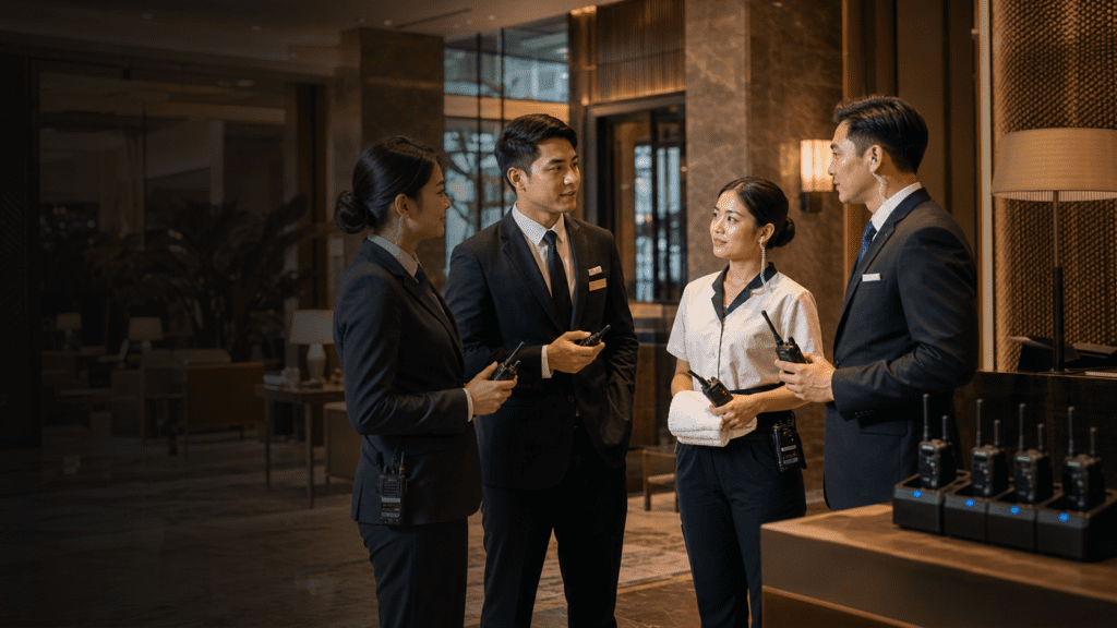 Malaysian hotel team coordinating with walkie talkies and discreet earpieces during front desk housekeeping handover