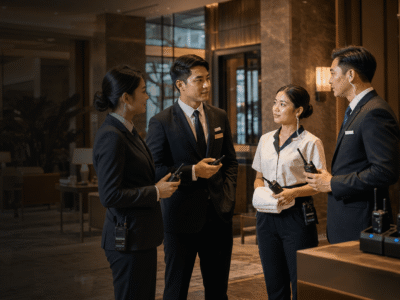 Malaysian hotel team coordinating with walkie talkies and discreet earpieces during front desk housekeeping handover