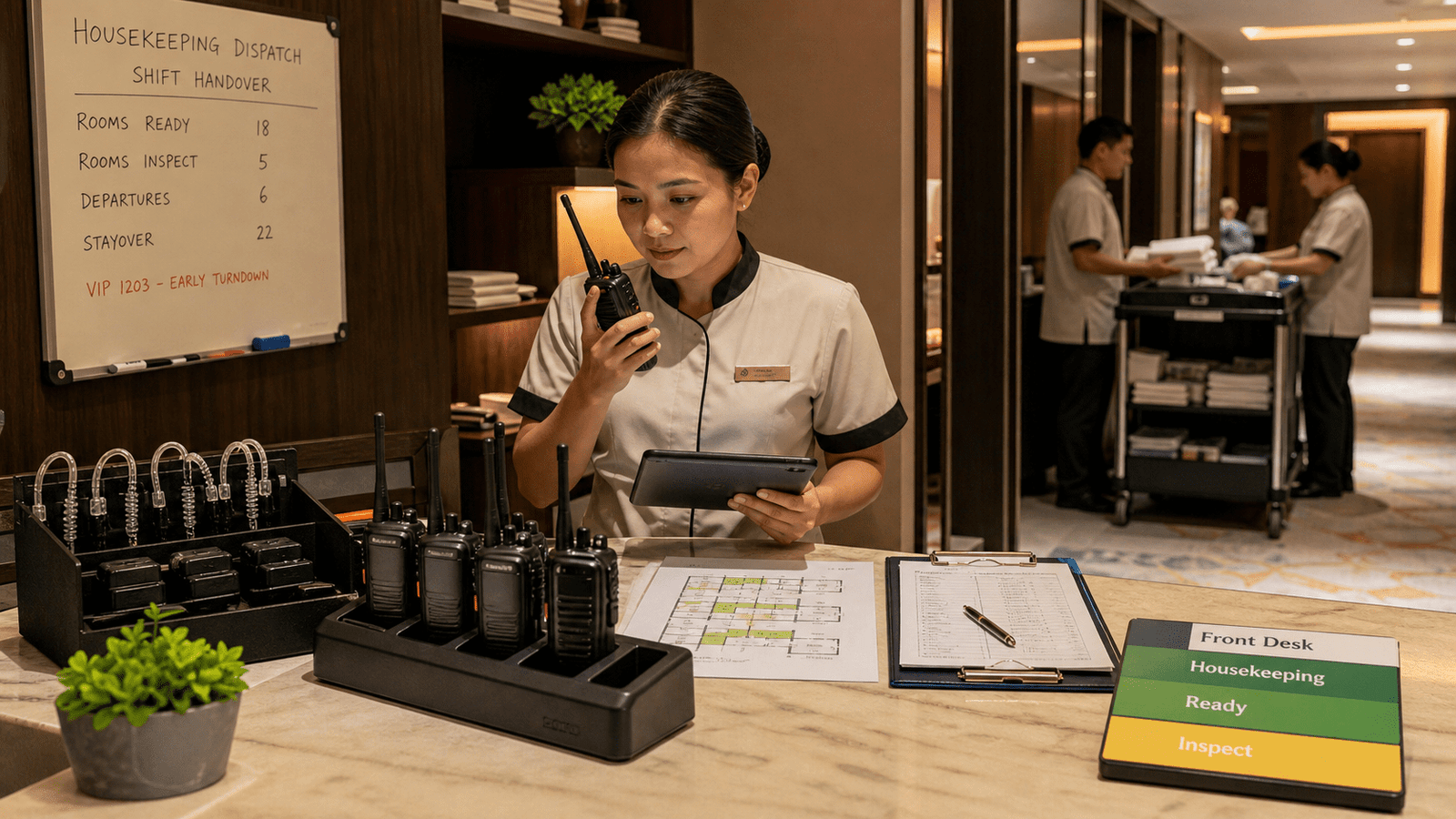 Housekeeping dispatch station with hotel walkie talkies charging dock room status board and floor plan