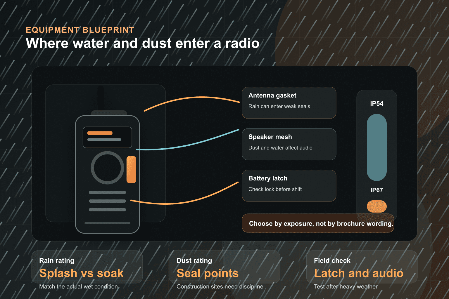 Equipment blueprint showing walkie talkie sealing points and IP rating choices
